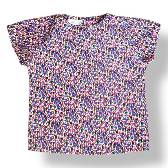 Vintage 90s Blouse Rainbow Dot Print Abstract Painterly Top Short Sleeve Medium - Picture 2 of 8